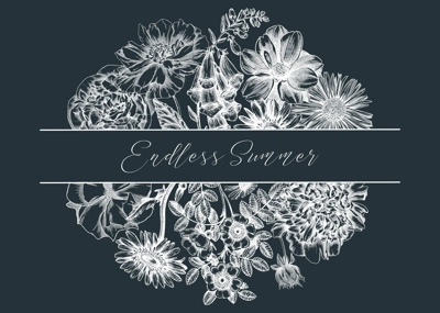 Summer flowers composition in vintage style. Hand-sketched garden plants frame design on chalkboard. Perfect for greeting cards, wedding invites, banners. Botanical illustration with floral outlines.